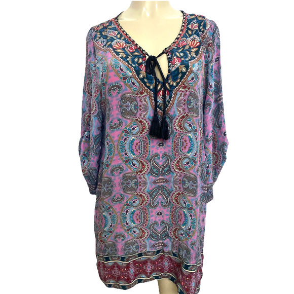 Tolani Silk Tunic Top Shirt 3/4 Sleeve Tassel Pink Paisley V Neck Floral XL